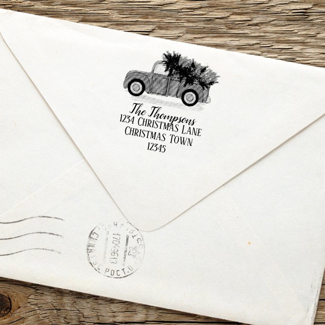 Weihnachts-Red-Truck-Rücksendeadresse Personalisie Permastempel (Christmas holiday vintage red truck simple return address self inking stamp.)