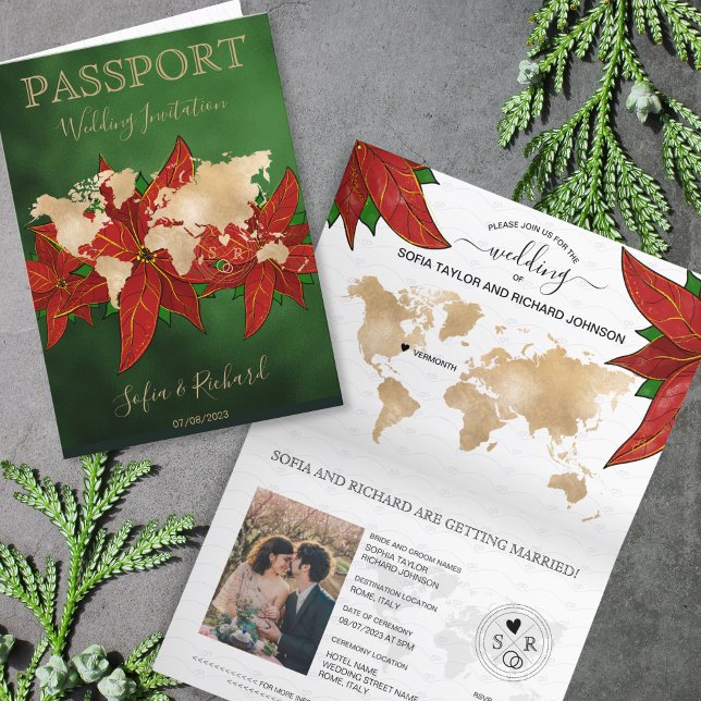 Weihnachts-Reisepass - Weltkarte Einladung (christmas wedding passport invitation, green background and poinsettias)