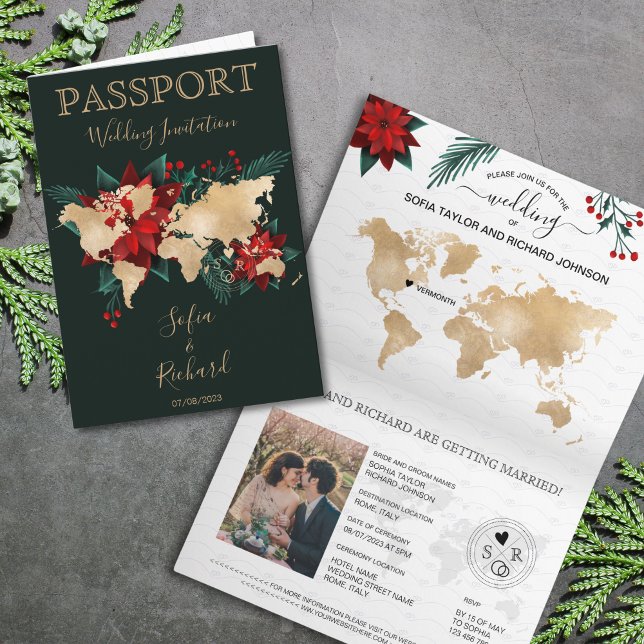 Weihnachts-Reisepass - Weltkarte Einladung (christmas poinsettia gold world map passport)