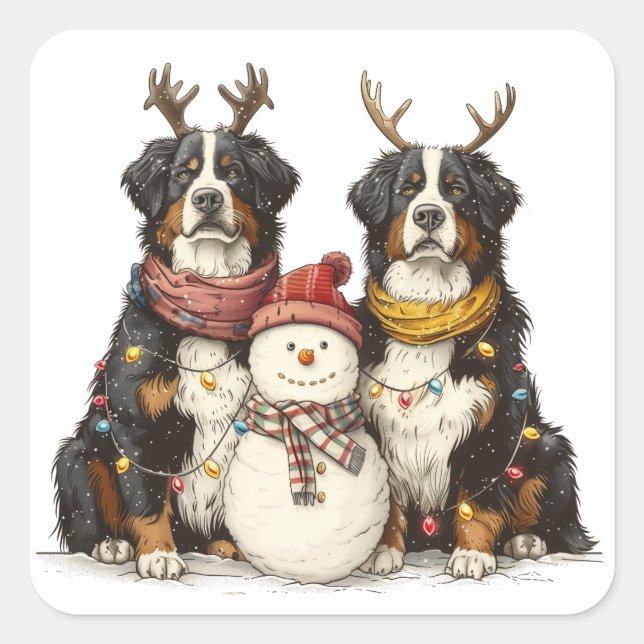 Weihnachts Rentier Bernese Mountain Hunde Quadratischer Aufkleber (Vorderseite)