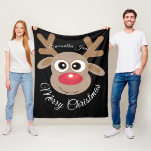 Weihnachts-Rentier-Cartoon Name White Script Black Fleecedecke