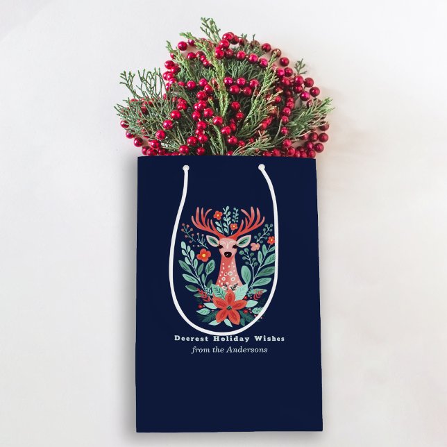 Weihnachts-Rentier Floral Blue Holiday Medium Gif Mittlere Geschenktüte (Von Creator hochgeladen)
