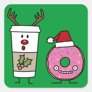 Weihnachts-Rentier-Kaffee und Santa Donut Quadratischer Aufkleber
