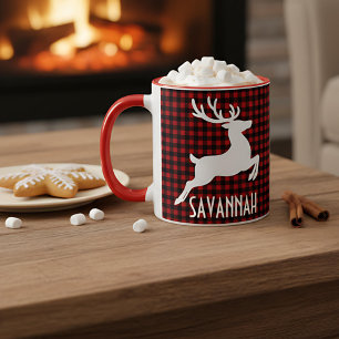 Weihnachts-Rentier Rot und Schwarz Karierter Indiv Tasse