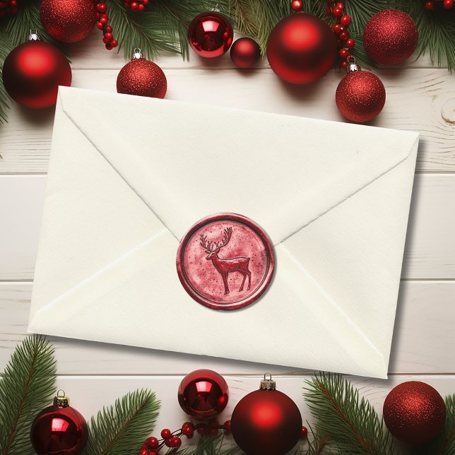 Weihnachts-Rentier rotes Faux-Wachs Runder Aufkleber (Christmas Reindeer Red Faux Wax Classic Round Sticker)