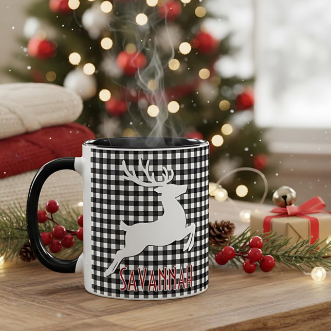 Weihnachts-Rentier Schwarz/Weiß Karierter Individu Tasse (Von Creator hochgeladen)