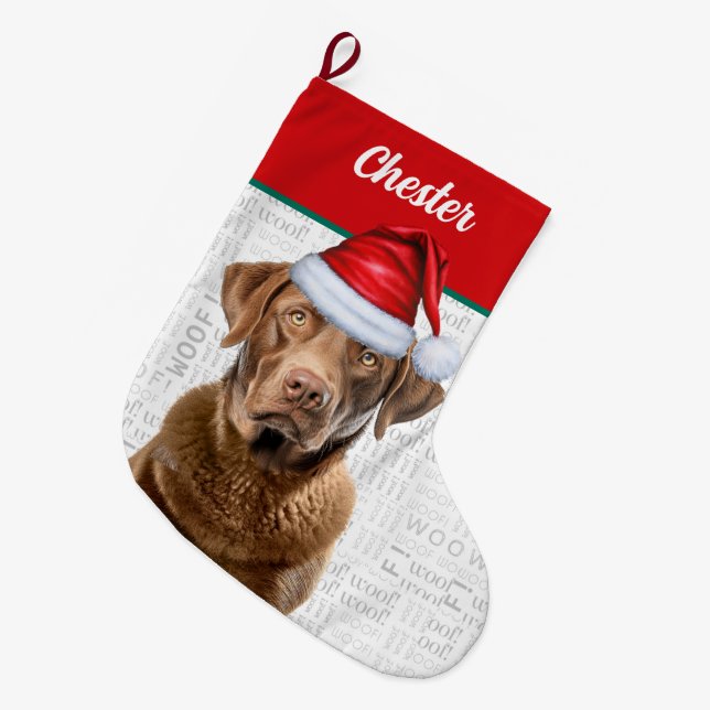 Weihnachts-Retriever Hund mit Name Woof Hintergrun Großer Weihnachtsstrumpf (Vorderansicht (hängend))