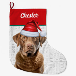 Weihnachts-Retriever Hund mit Name Woof Hintergrun Großer Weihnachtsstrumpf