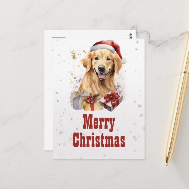 Weihnachts-Retriever Wassercolor Postkarte (Vorderseite/Rückseite Beispiel)