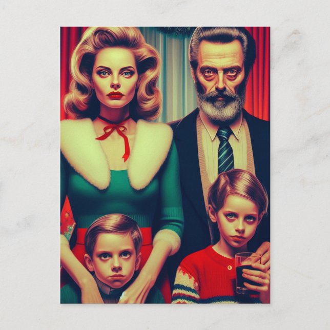 Weihnachts Retro Creepy Family Portrait Postkarte (Vorderseite)