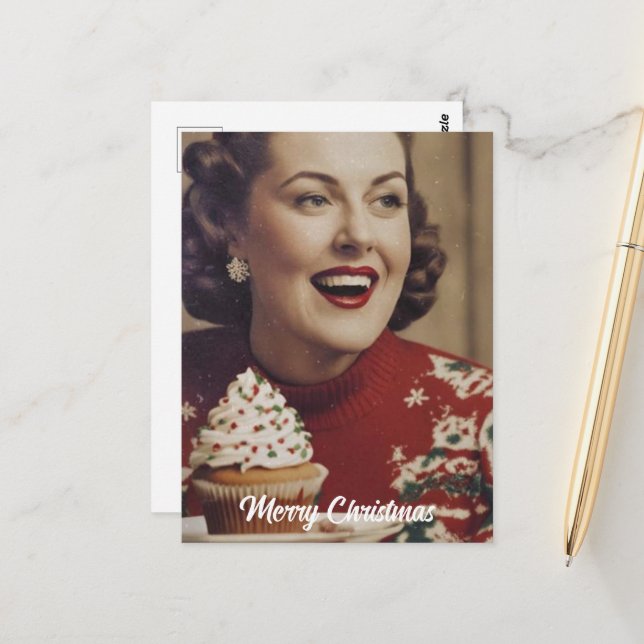 Weihnachts-Retro-Frau Postkarte (Vorderseite/Rückseite Beispiel)