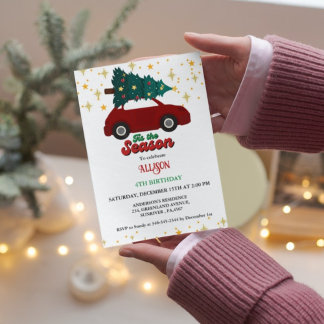 Weihnachts Retro Groovy Rotes Auto Geburtstagspart Einladung