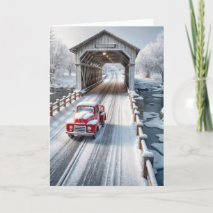 Weihnachts-Retro-LKW und überdachte Brücke Feiertagskarte