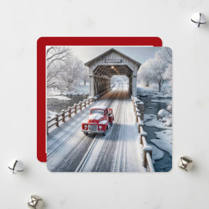 Weihnachts-Retro-LKW und überdachte Brücke Feiertagskarte