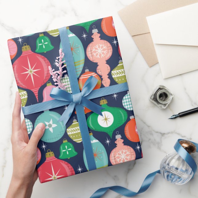 Weihnachts Retro Ornamente Blau Geschenkpapier (Schenken)