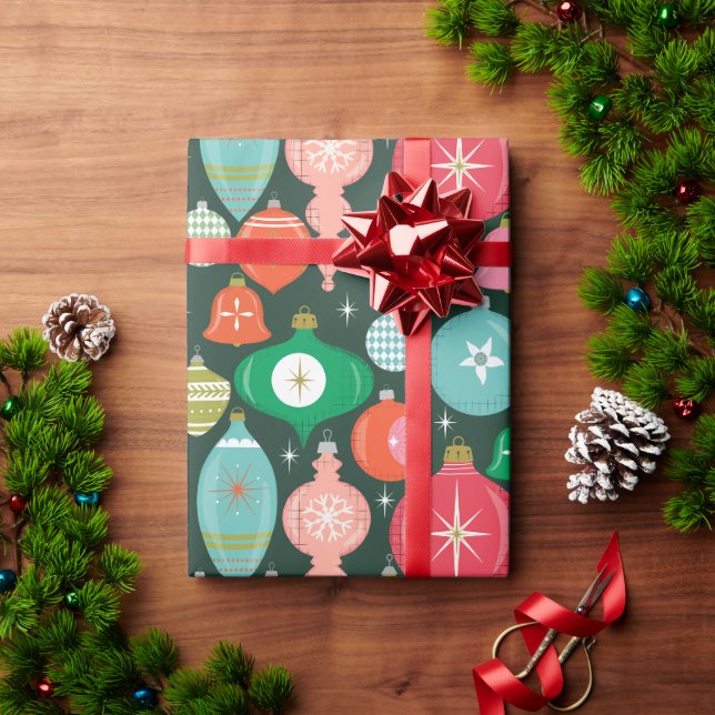 Weihnachts Retro Ornamente Grün Geschenkpapier (Feiertagsgeschenk)