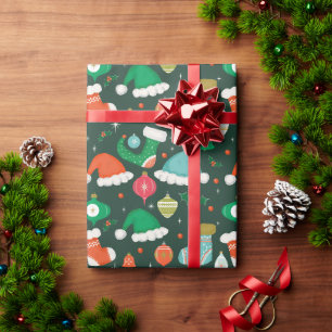 Weihnachts Retro Ornamente und Strümpfe Grün Geschenkpapier