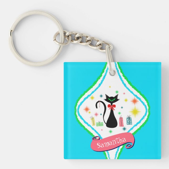 Weihnachts Retro Siamese Cat Personalize Name Keyw Schlüsselanhänger (Vorderseite)