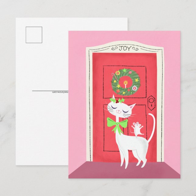 Weihnachts Retro Weiße Katze und Maus Postkarte (Vorne/Hinten)