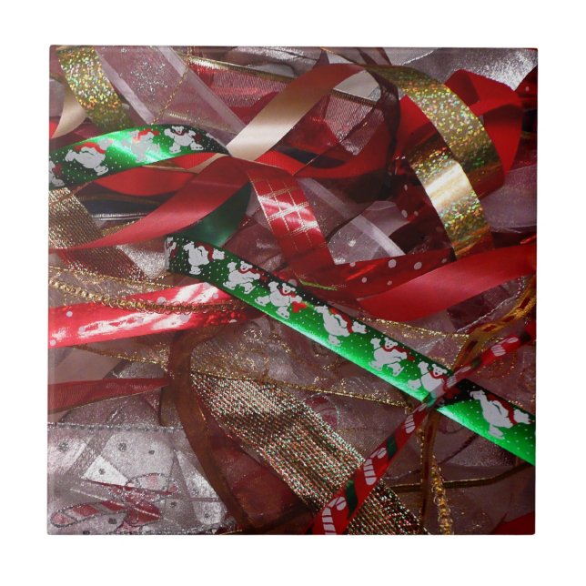 Weihnachts-Ribbons Red Green und Gold Holiday Fliese (Vorderseite)