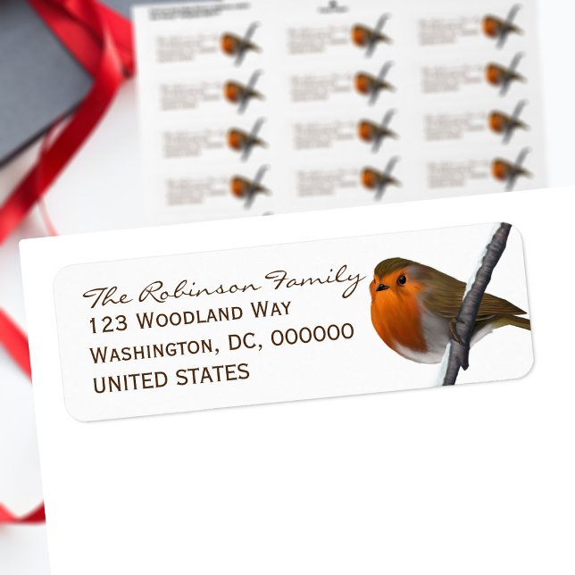 Weihnachts-Robin-Bird-Rücksendeadressen-Aufkleber (A festive winter robin sat on a snowy branch with space for your return address)