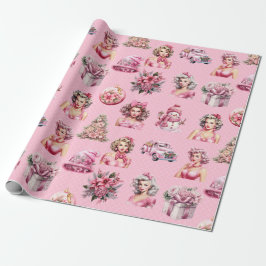 Weihnachts-Rosa-Button-Up-Puppe, Baumwagendesign Geschenkpapier