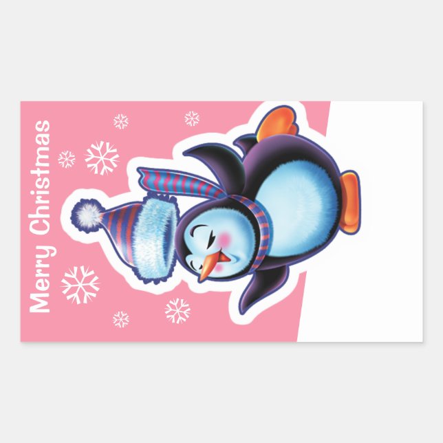 Weihnachts-Rosa Rechteck Aufkleber Pinguin Skater. (Vorderseite)