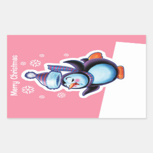 Weihnachts-Rosa Rechteck Aufkleber Pinguin Skater.