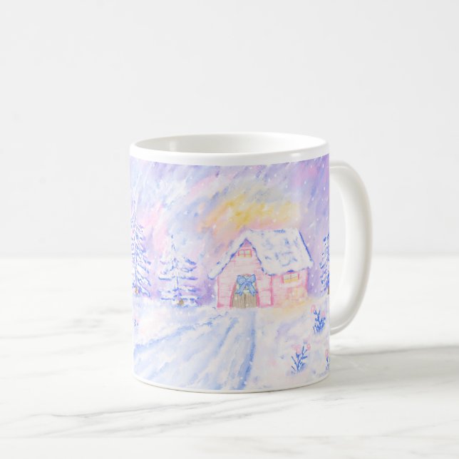 Weihnachts-Rosa-Schnee-Hütte-Szene Illustration Ta Kaffeetasse (VorderseiteRechts)