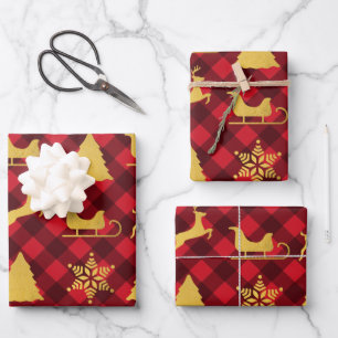 Weihnachts-Rot & Black Buffalo Kariert Gold Weihna Geschenkpapier Set