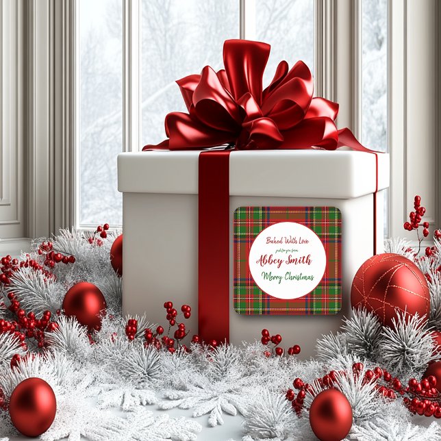 Weihnachts-Rot-Grün-Karierte Leckereien Quadratischer Aufkleber (Von Creator hochgeladen)