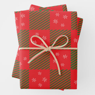 Weihnachts Rot Grün Kariertes Muster Schneeflocken Geschenkpapier Set