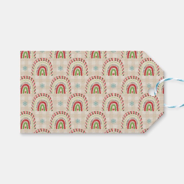 Weihnachts-Rot-Grün-Regenbogen und Schneeflocken Geschenkanhänger (Vorderseite (Horizontal))