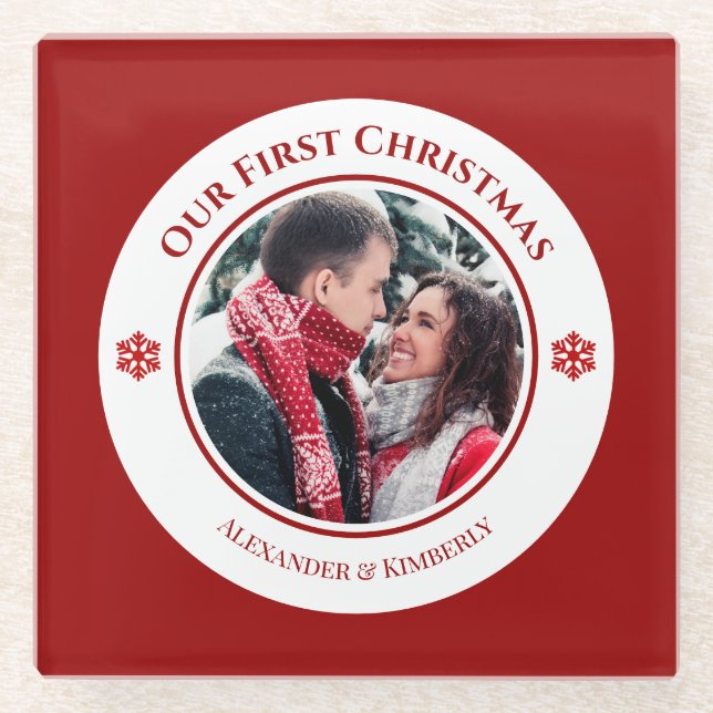 Weihnachts-Rot-Kreis mit Top Bottom-Text Glasuntersetzer (Vorderseite)