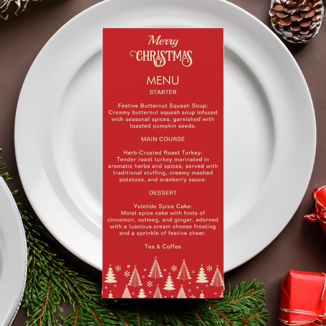 Weihnachts-Rot-Retrobäume aus dem 20. Jahrhundert Menükarte (Christmas midcentury retro red beige trees festive Christmas menu car template simple minimalist )