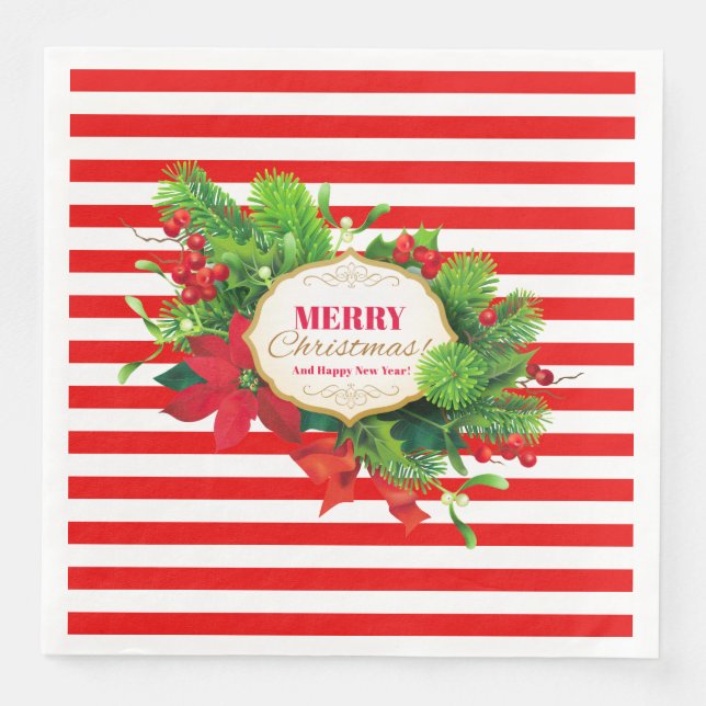 Weihnachts Rot Strip Dinner Paper Napkin Serviette (Vorderseite)