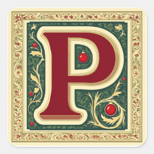 Weihnachts Rot und Grün Buchstabe P mit Gold Quadratischer Aufkleber