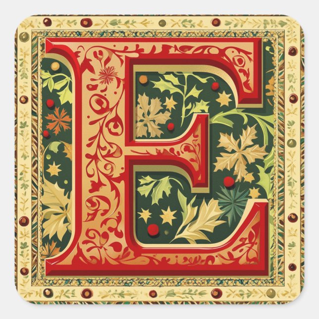 Weihnachts Rot und Grün "E" mit Gold Quadratischer Aufkleber (Vorderseite)
