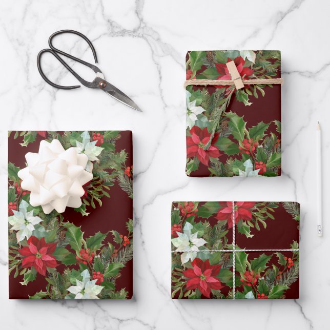 Weihnachts-Rot und Weiße Poinsettia, Holly Berry Geschenkpapier Set (Vorderseite)