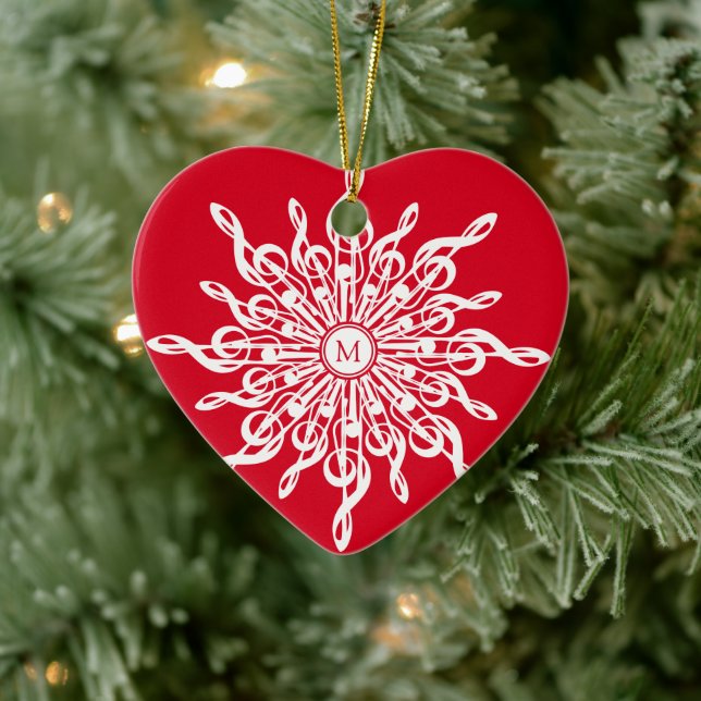 Weihnachts Rot Weiß G-Clef Snowflake Monogramm Keramik Ornament (Baum)