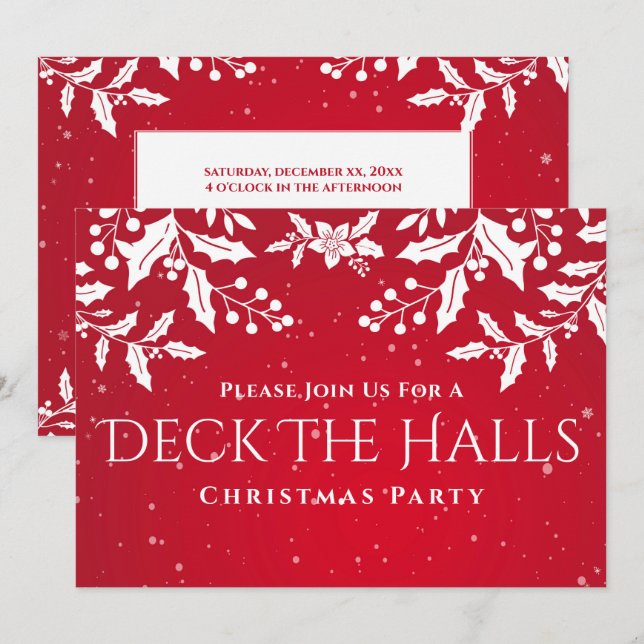 Weihnachts-Rot, Weißer Holly, Deck-The-Halls-Party Einladung (Vorne/Hinten)