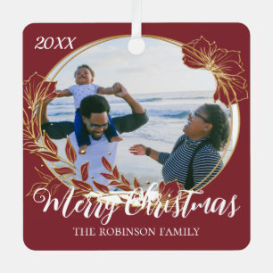 Weihnachts-Rotblättern Gerahmtes Familiäres Foto Ornament Aus Metall