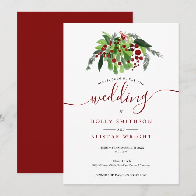 Weihnachts-Rote Berries-Winter-Hochzeit Einladung (Vorne/Hinten)