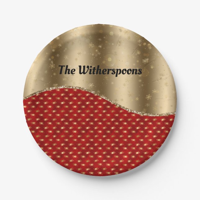 Weihnachts Rote Blüte mit Gold Ribbon und Name Pappteller (Vorderseite)