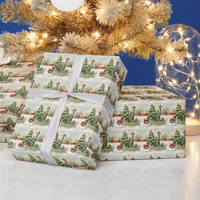 Weihnachts Rote Hütte Laternenpfanne Bäume Geschenkpapier (Feiertage)