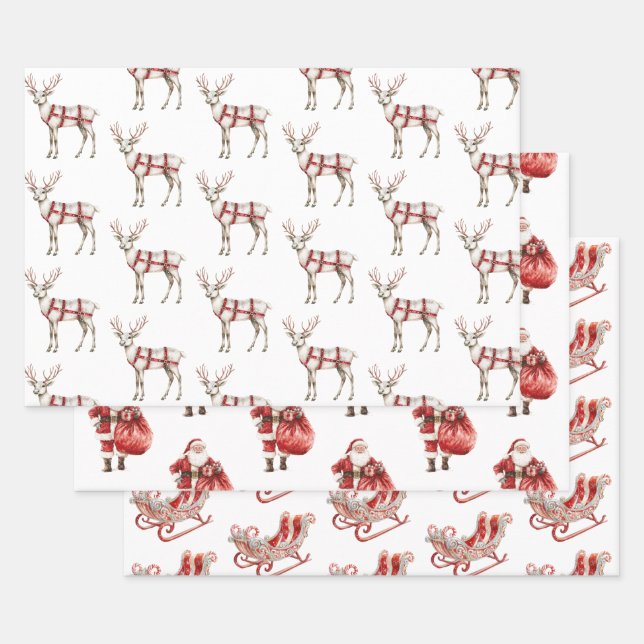 Weihnachts-Rote Peppermint Reindeer Santa Sleigh Geschenkpapier Set (Set)