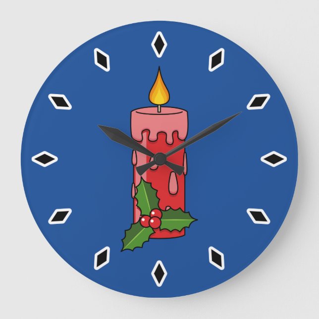Weihnachts-Rote Pfeiler-Kerze mit Holly Große Wanduhr (Vorderseite)