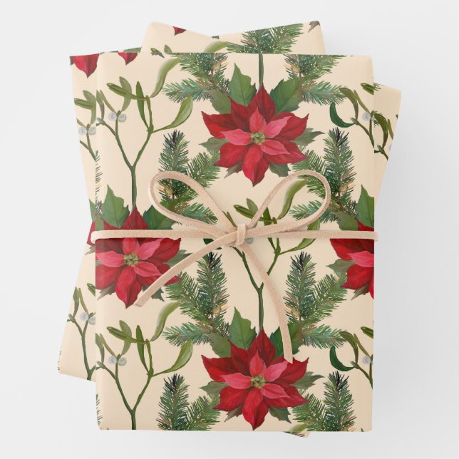 Weihnachts-Rote Poinsettia-Blume und Kiefernzweige Geschenkpapier Set (Beispiel)