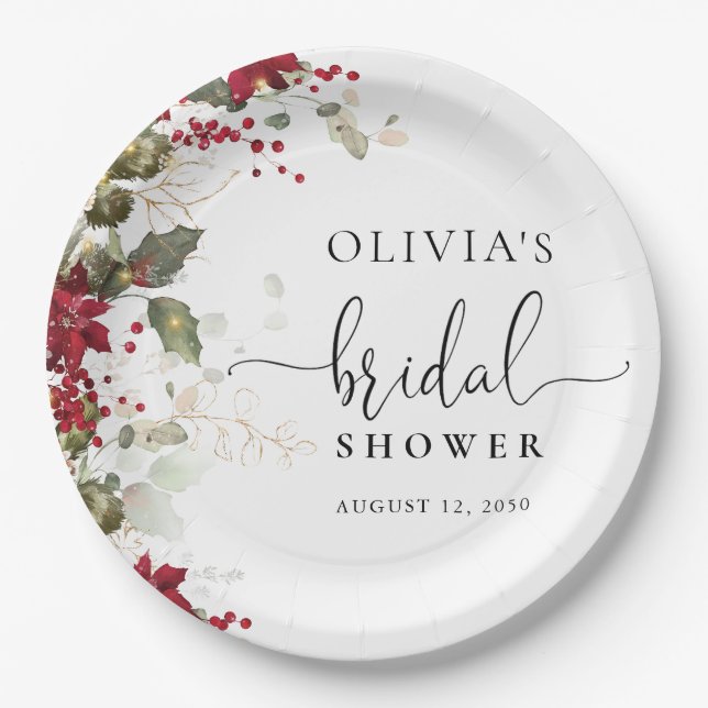 Weihnachts-Rote Poinsettia Brautparty-Papierplatte Pappteller (Vorderseite)