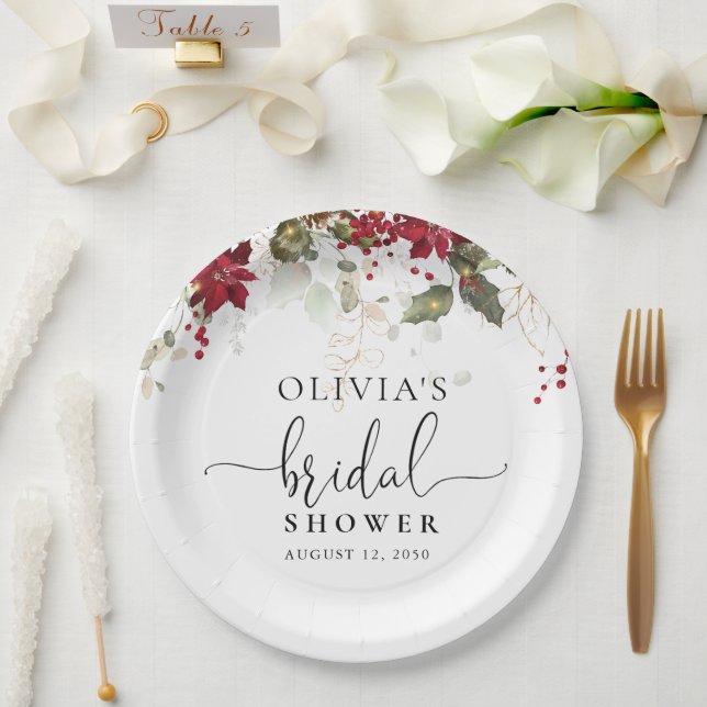 Weihnachts-Rote Poinsettia Brautparty-Papierplatte Pappteller (Hochzeit)